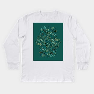 Seasonal branches and berries - green on teal Kids Long Sleeve T-Shirt